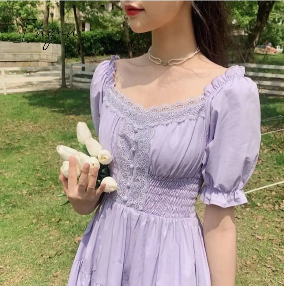 Ingvn - New Fashion Women Purple Elegantes Long Dress Cottage Core Vintage Women’s Wear Aesthetic