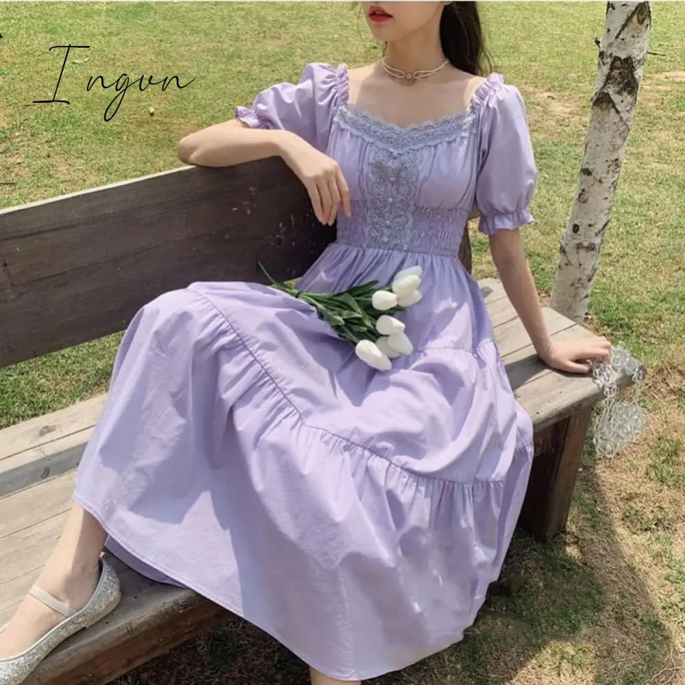 Ingvn - New Fashion Women Purple Elegantes Long Dress Cottage Core Vintage Women’s Wear Aesthetic