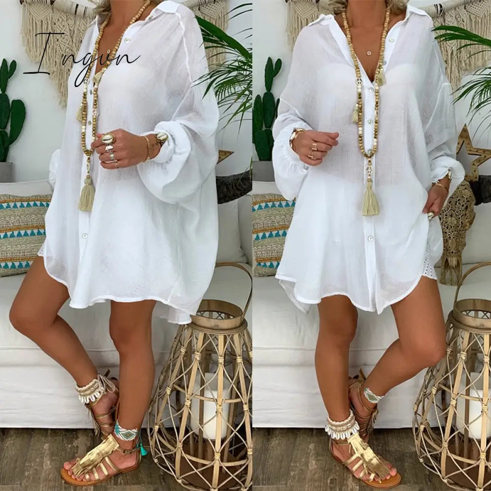 Ingvn - New Loose Women Cover Ups Swimwear White Beach Dress Cotton Kimono Coverups For Swimsuit Up
