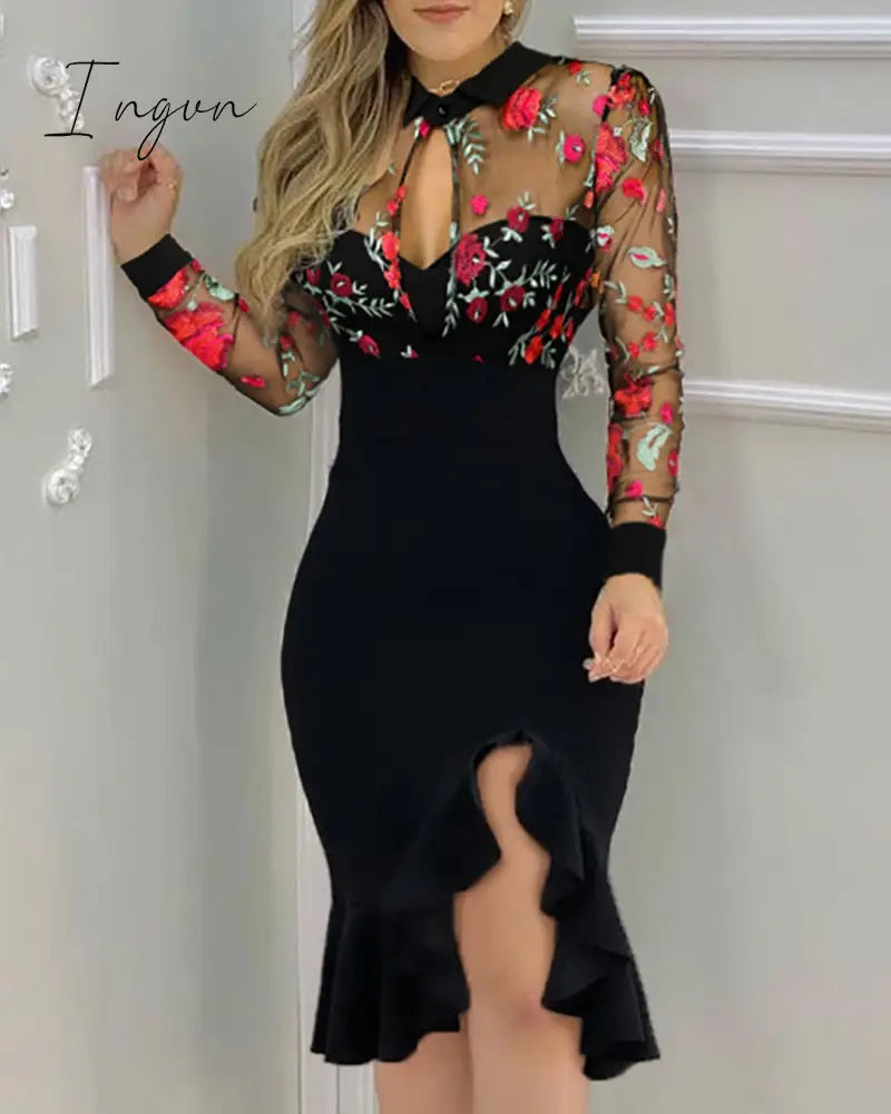 Ingvn - New Spring Fall Women Elegant Floral Patter Sheer Mesh Slit Bodycon Dress Femme Ruff Hem