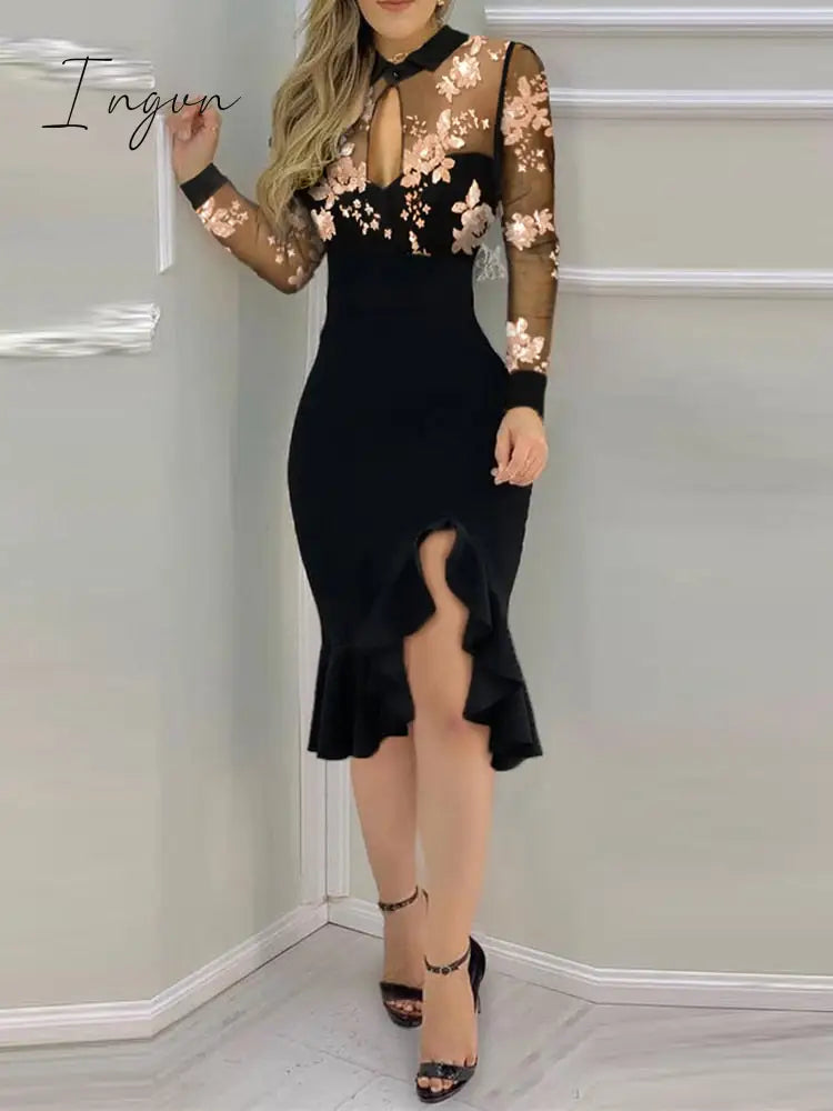 Ingvn - New Spring Fall Women Elegant Floral Patter Sheer Mesh Slit Bodycon Dress Femme Ruff Hem