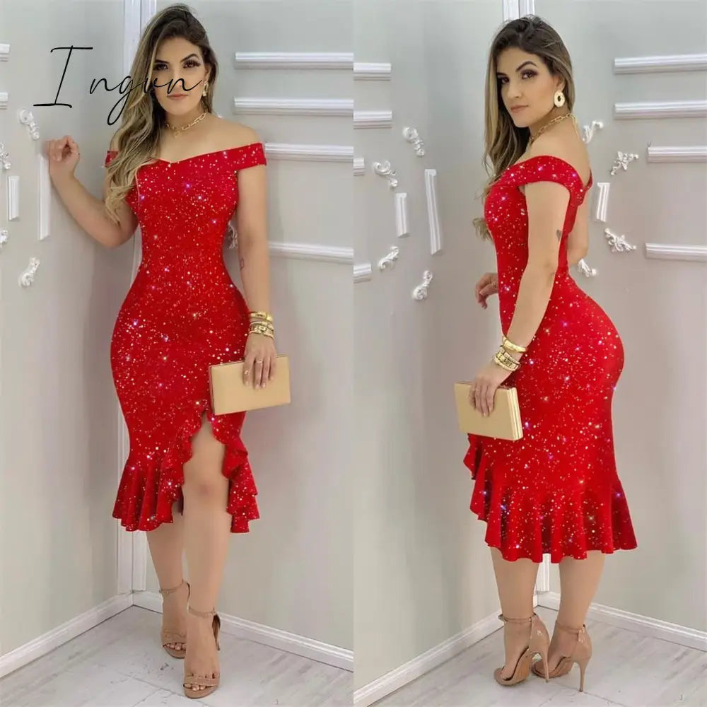 Ingvn - New Spring Fall Women Elegant Floral Patter Sheer Mesh Slit Bodycon Dress Femme Ruff Hem