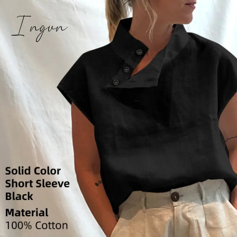 Ingvn - New Stylish Tunic Tops Plus Size Women Short Sleeve Summer Blouses Buttons Solid Cotton