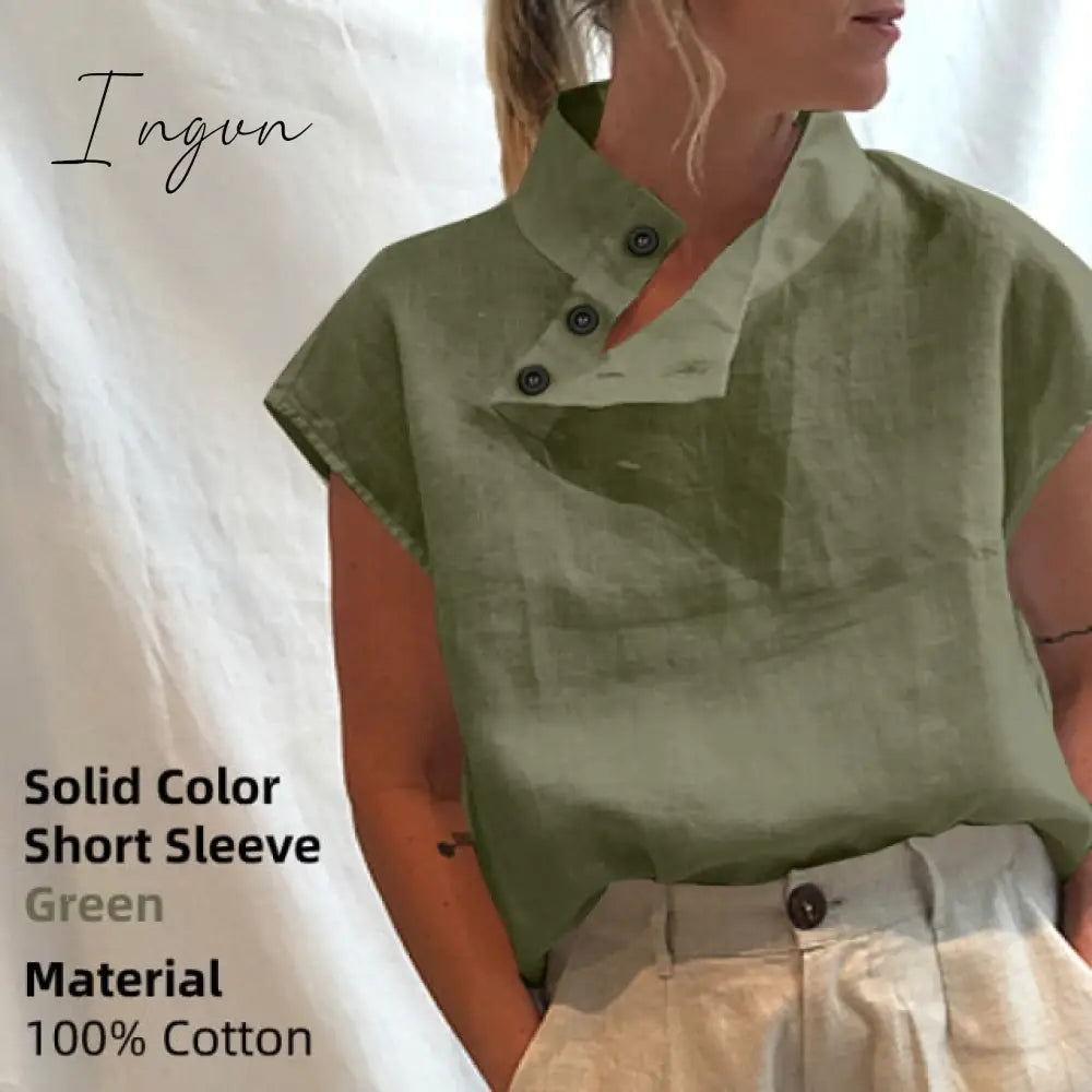 Ingvn - New Stylish Tunic Tops Plus Size Women Short Sleeve Summer Blouses Buttons Solid Cotton