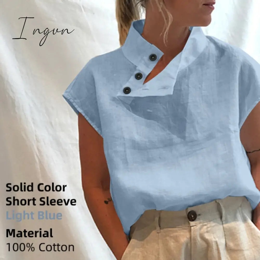 Ingvn - New Stylish Tunic Tops Plus Size Women Short Sleeve Summer Blouses Buttons Solid Cotton
