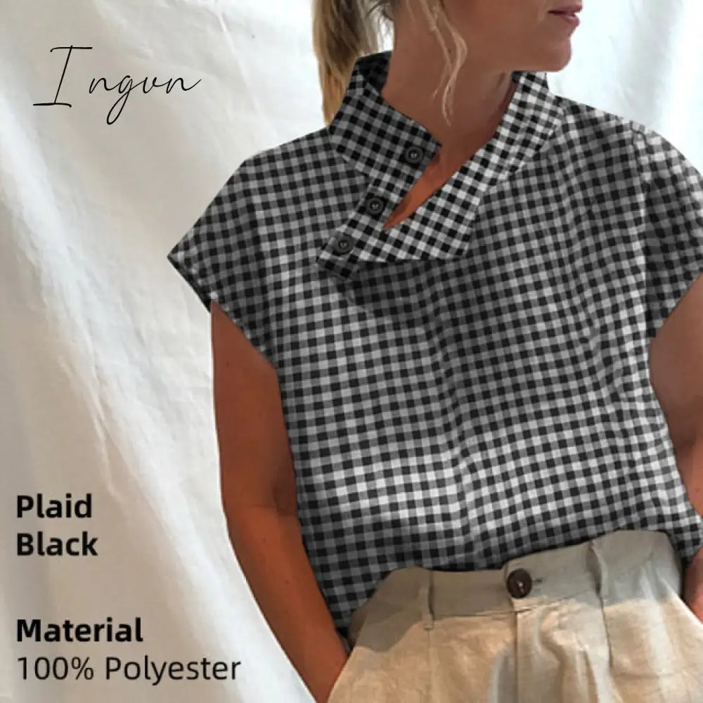 Ingvn - New Stylish Tunic Tops Plus Size Women Short Sleeve Summer Blouses Buttons Solid Cotton