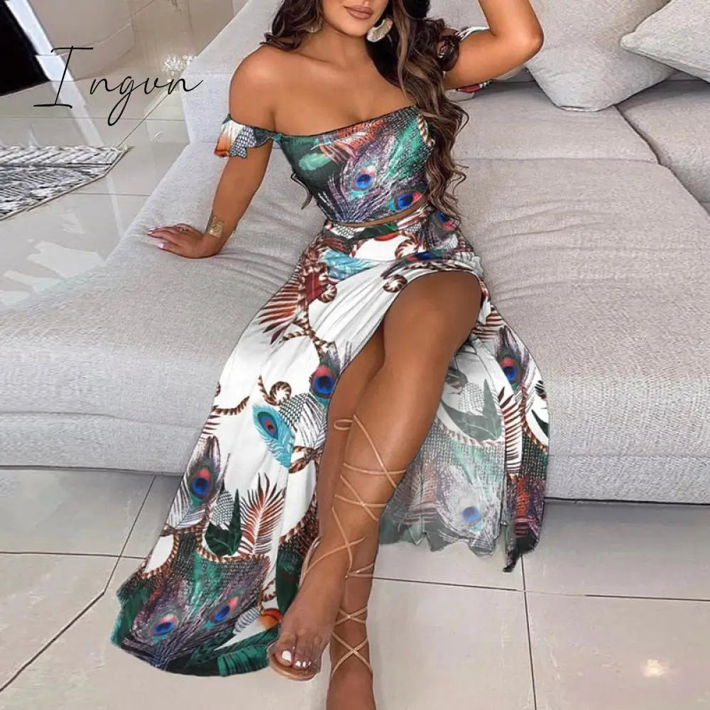 Ingvn - Off Shoulder Women Two Piece Set Sexy Slash Neck Top And Slit Summer Long Party Dress Suits