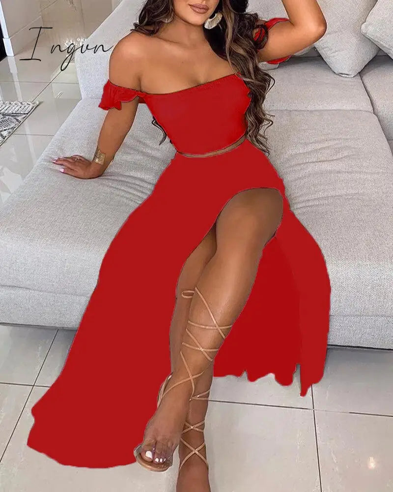 Ingvn - Off Shoulder Women Two Piece Set Sexy Slash Neck Top And Slit Summer Long Party Dress Suits