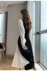 Ingvn - Office Lady Black Elegant Dress Women French Vintage Midi Casual Party One Piece Korean