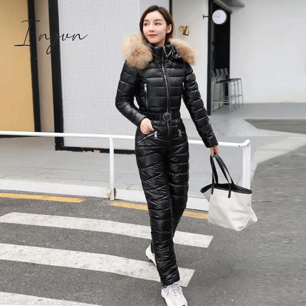 Ingvn - One Piece Ski Suit Women Jackets Winter Hooded Parka Jumpsuit Cotton Bodysuit Sashes