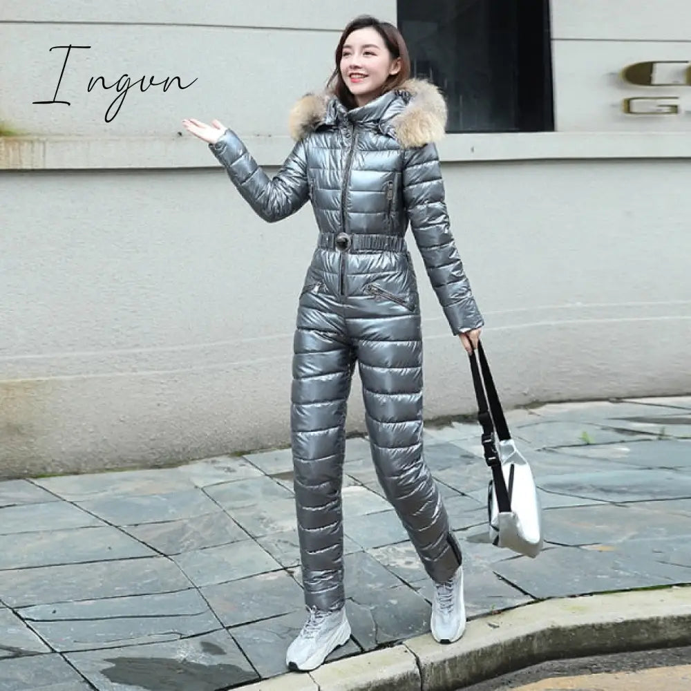 Ingvn - One Piece Ski Suit Women Jackets Winter Hooded Parka Jumpsuit Cotton Bodysuit Sashes