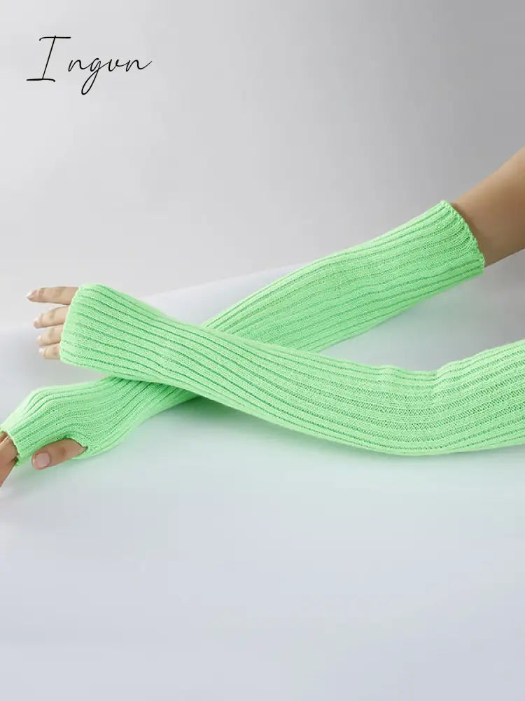 Ingvn - Original 9 Colors Striped Knitted Sleevelet Green / Free Size Warmers