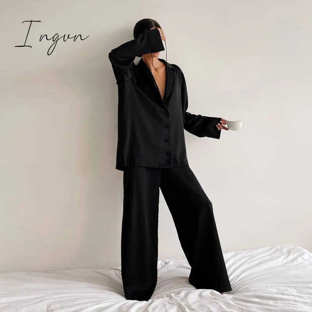 Ingvn - Oversized Satin Silk Sleepwear Low Cut Sexy Pajamas For Women Single - Breasted Long