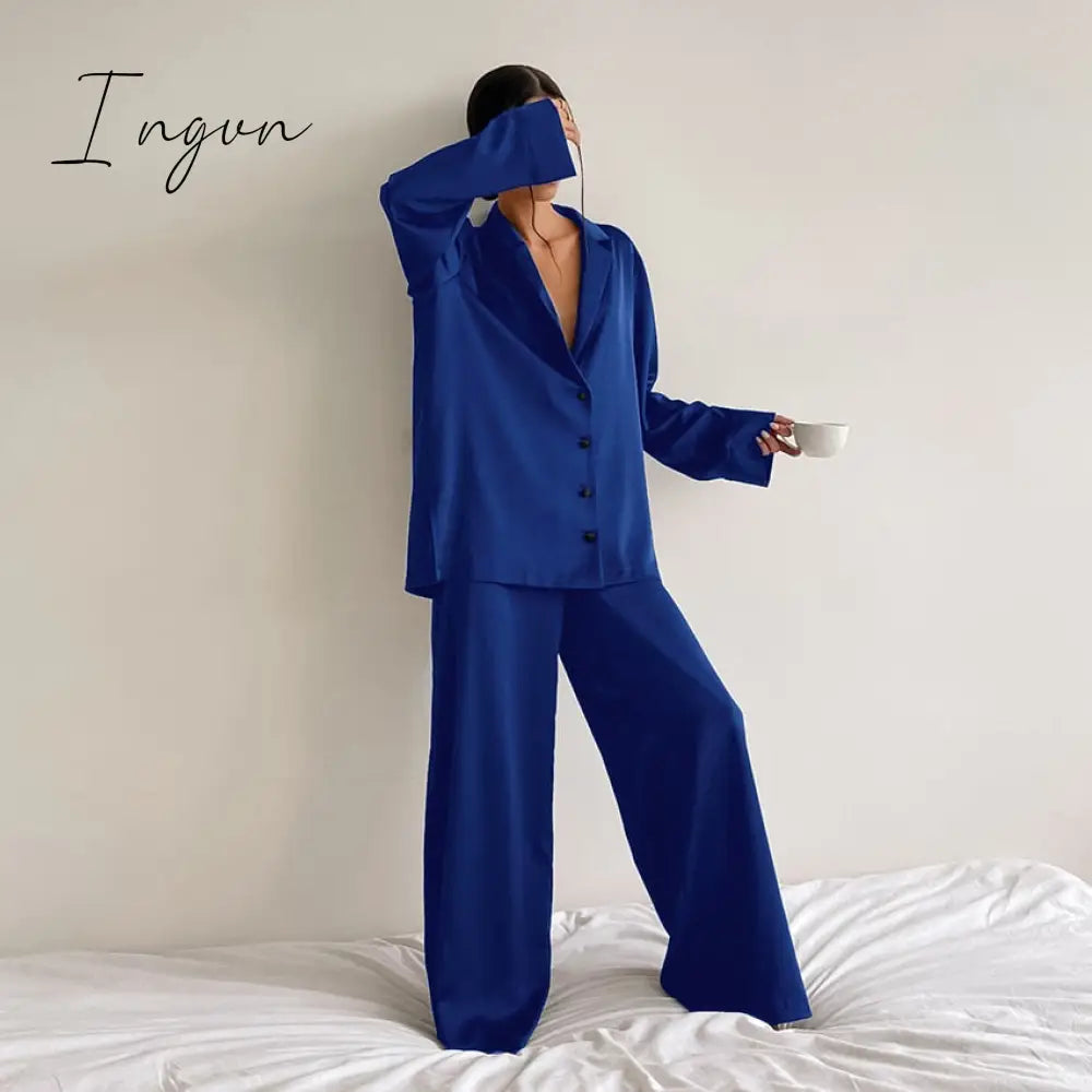 Ingvn - Oversized Satin Silk Sleepwear Low Cut Sexy Pajamas For Women Single - Breasted Long