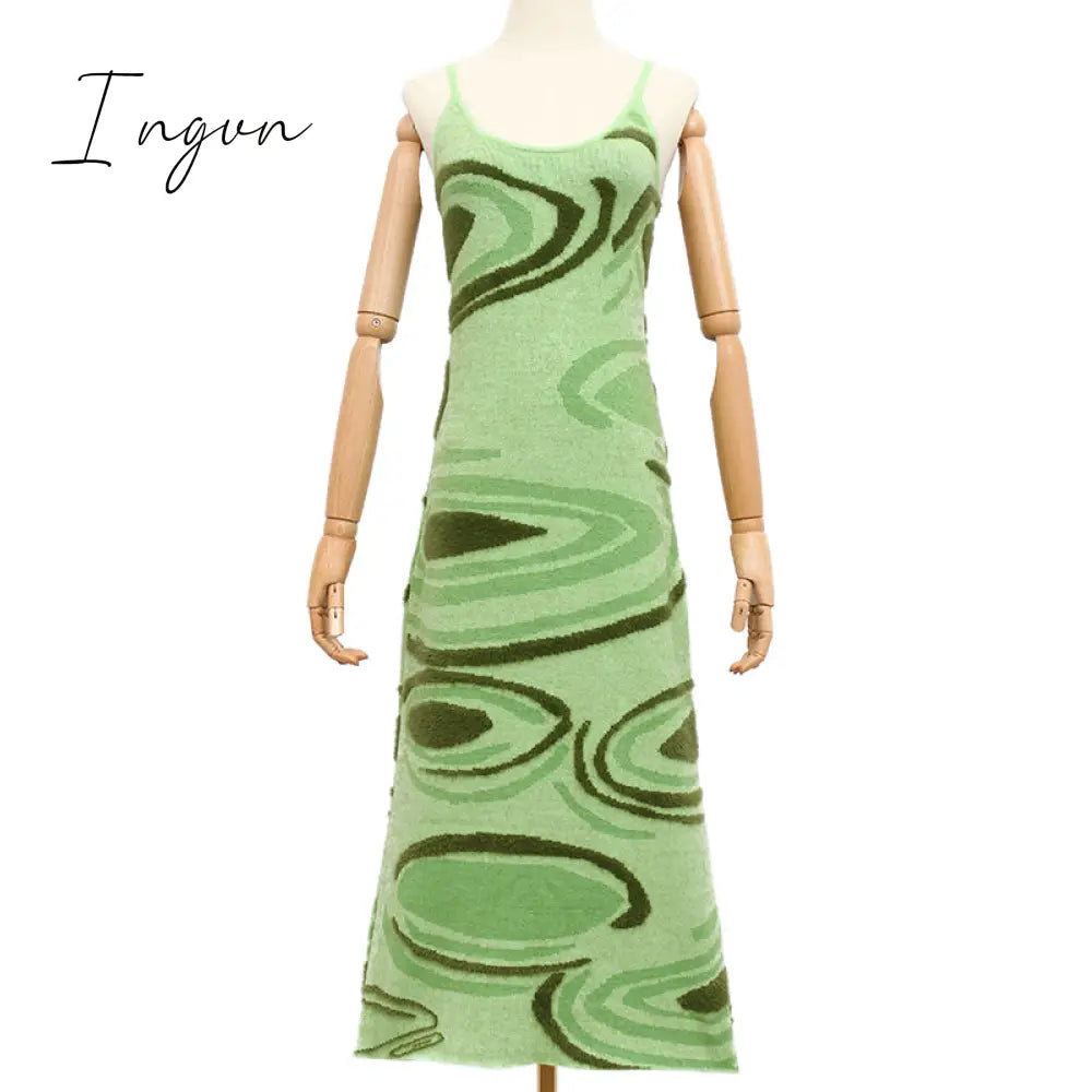 Ingvn - Paisley Print Knit Dress Women Green Y2K Summer Sexy Bodycon Sleeveless Spaghetti Strap