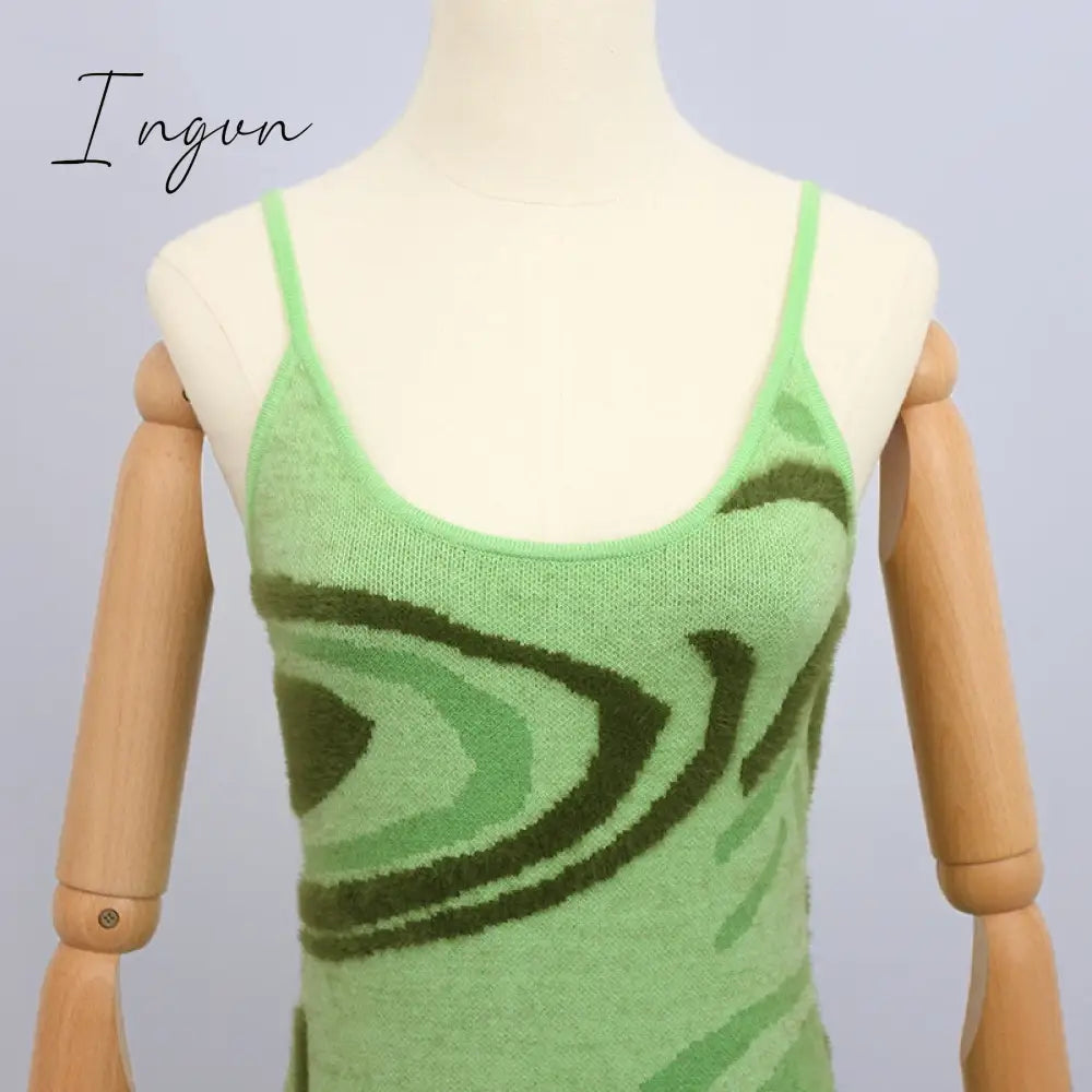 Ingvn - Paisley Print Knit Dress Women Green Y2K Summer Sexy Bodycon Sleeveless Spaghetti Strap