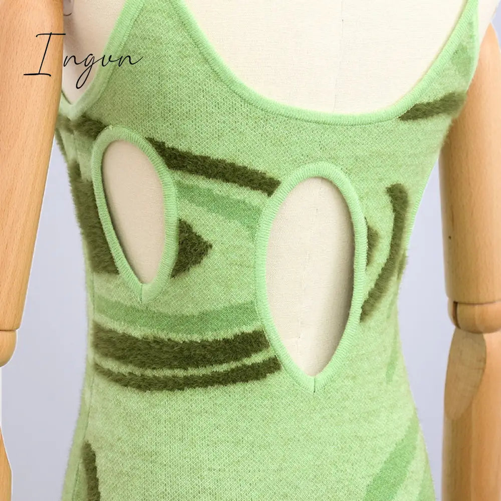 Ingvn - Paisley Print Knit Dress Women Green Y2K Summer Sexy Bodycon Sleeveless Spaghetti Strap