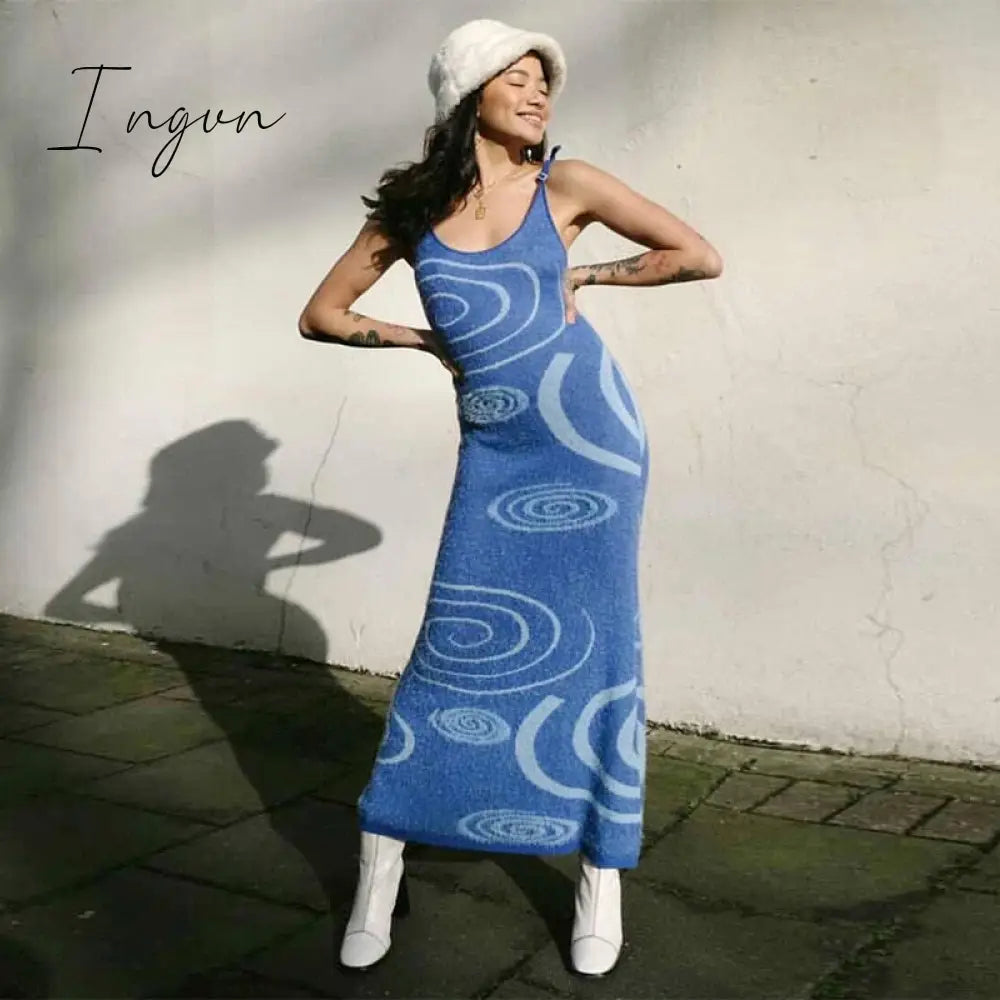 Ingvn - Paisley Print Knit Dress Women Green Y2K Summer Sexy Bodycon Sleeveless Spaghetti Strap