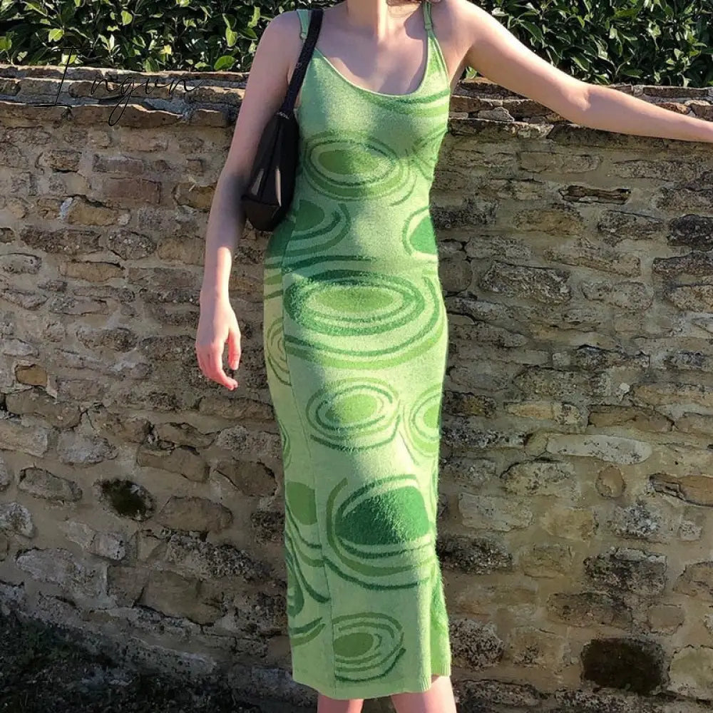 Ingvn - Paisley Print Knit Dress Women Green Y2K Summer Sexy Bodycon Sleeveless Spaghetti Strap