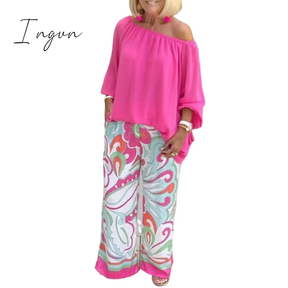 Ingvn - Pants Sets Fashion One Shoulder 3/4 Sleeve Tops Floral Print Wide Leg Trouser Women Two