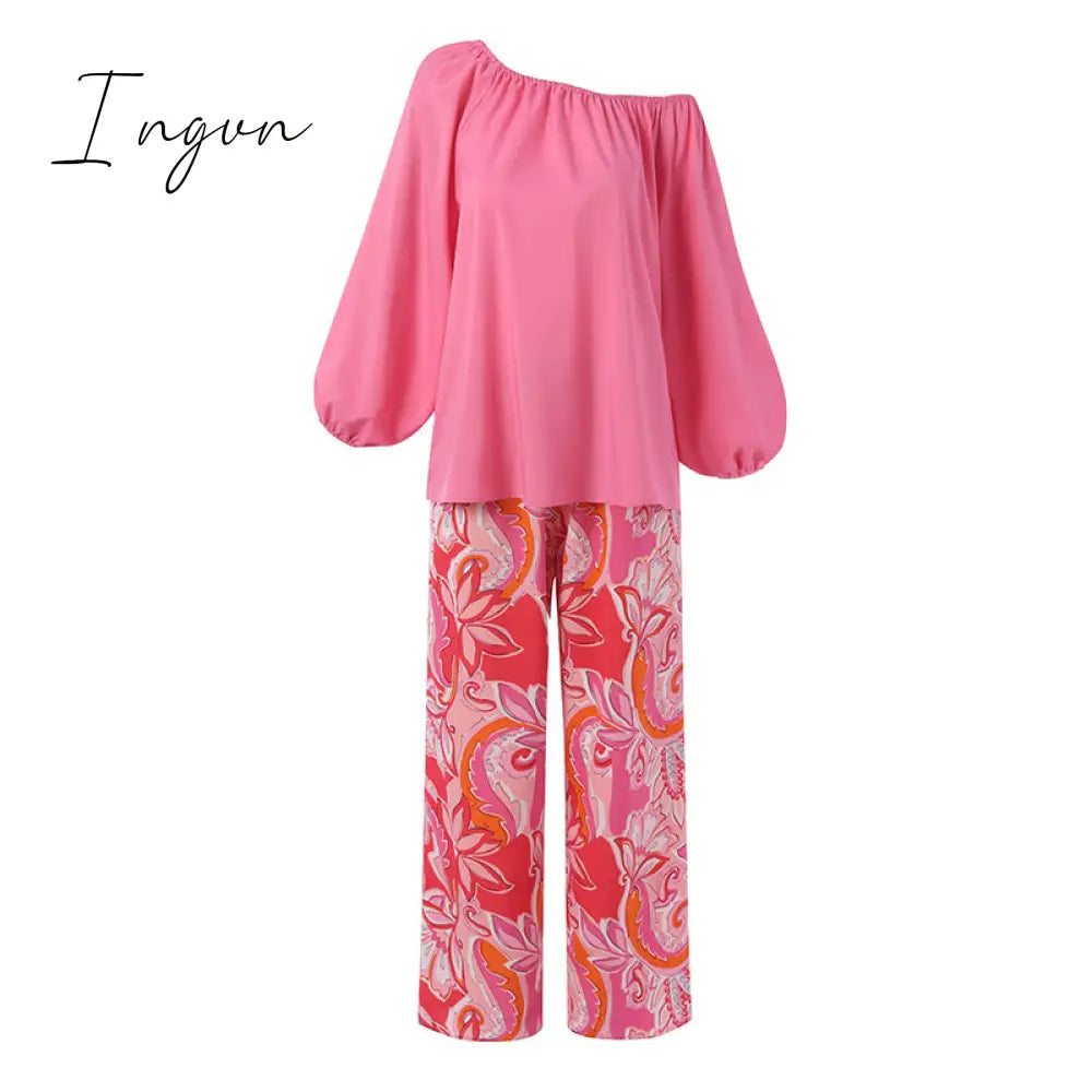 Ingvn - Pants Sets Fashion One Shoulder 3/4 Sleeve Tops Floral Print Wide Leg Trouser Women Two