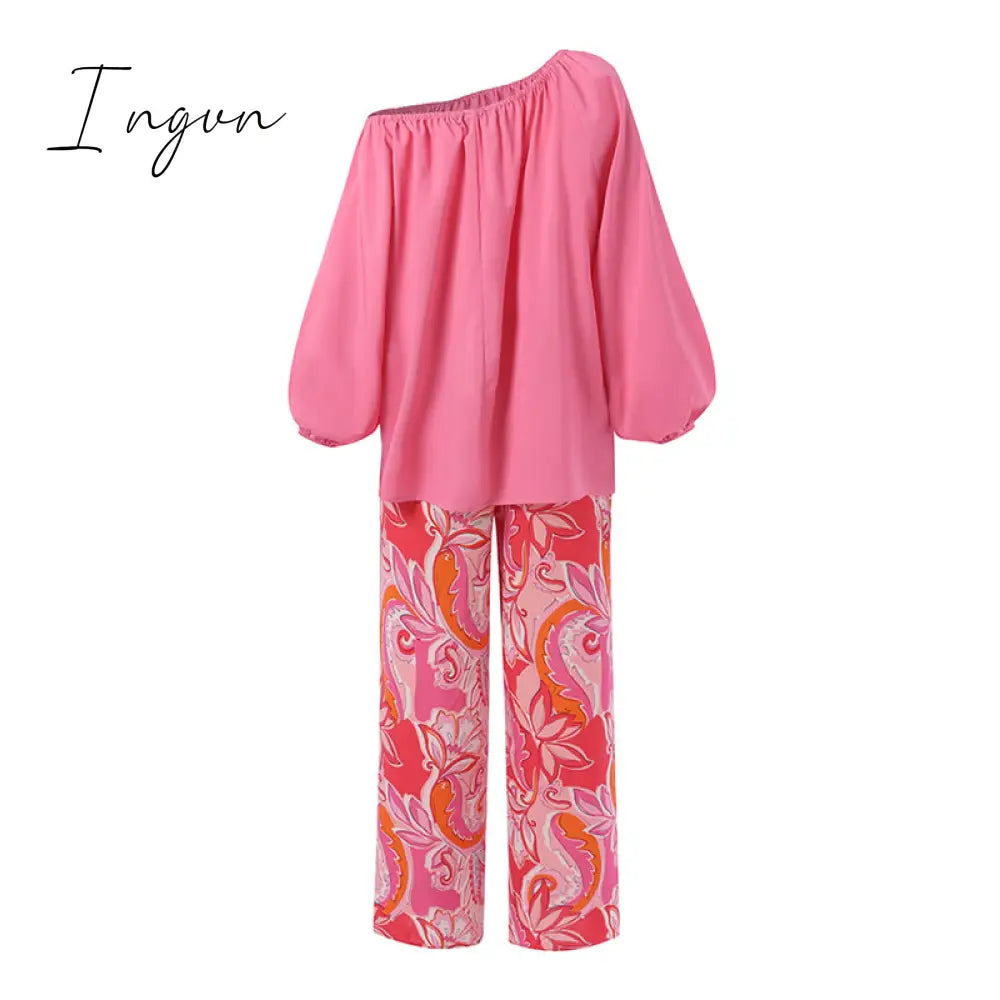 Ingvn - Pants Sets Fashion One Shoulder 3/4 Sleeve Tops Floral Print Wide Leg Trouser Women Two