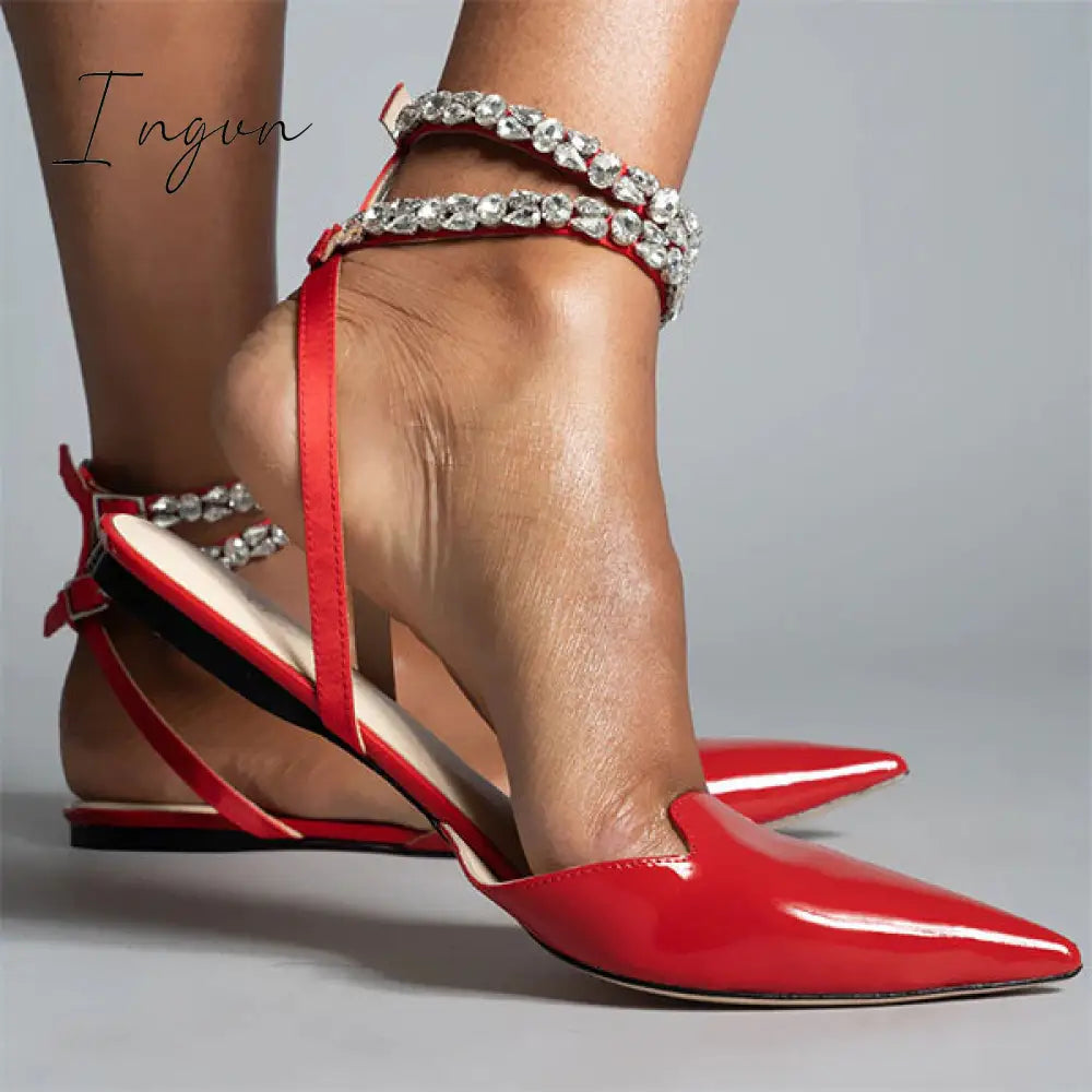 Ingvn - Patent Leather Pointed Toe Adjustable Ankle Strap Flats