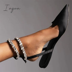 Ingvn - Patent Leather Pointed Toe Adjustable Ankle Strap Flats Black / 5
