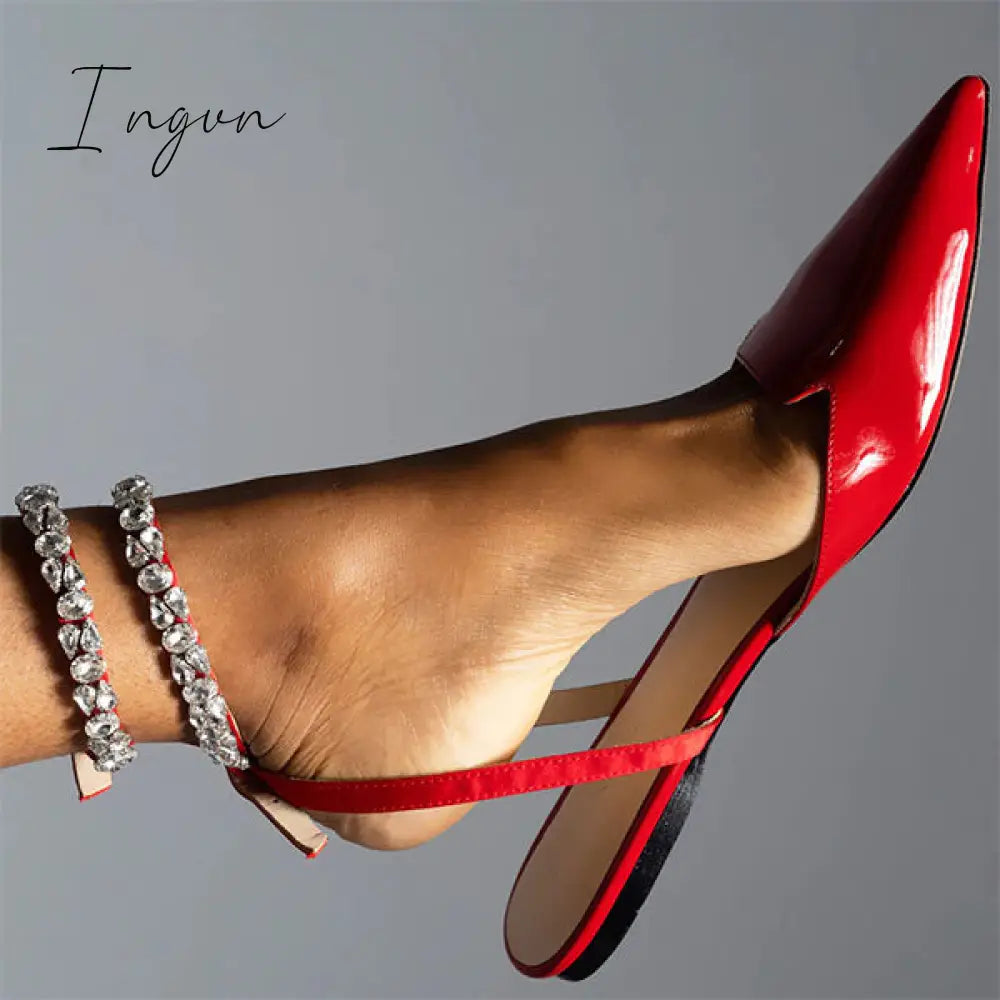 Ingvn - Patent Leather Pointed Toe Adjustable Ankle Strap Flats Red / 5
