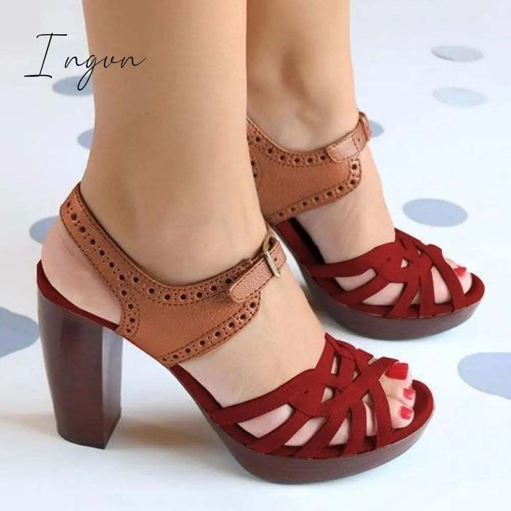 Ingvn - Peep Toe Chunky Heel Pu Casual Buckle Sandals Red / 5