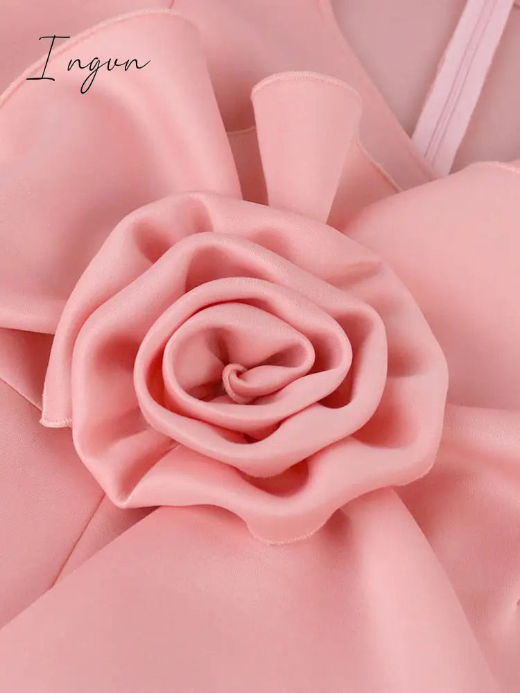 Ingvn - Pink Plus Size Dresses Women V Neck Short Puff Sleeve Big Flower Knee Length Outfits For
