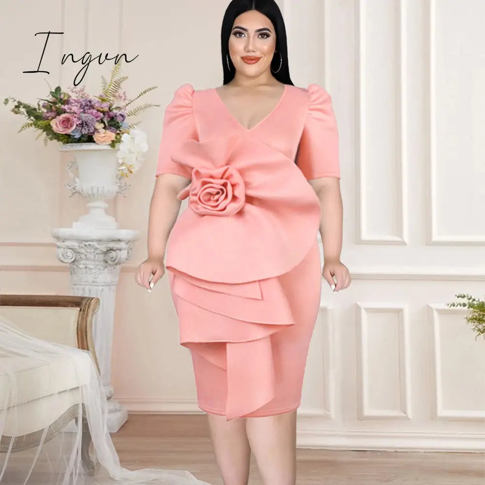 Ingvn - Pink Plus Size Dresses Women V Neck Short Puff Sleeve Big Flower Knee Length Outfits For