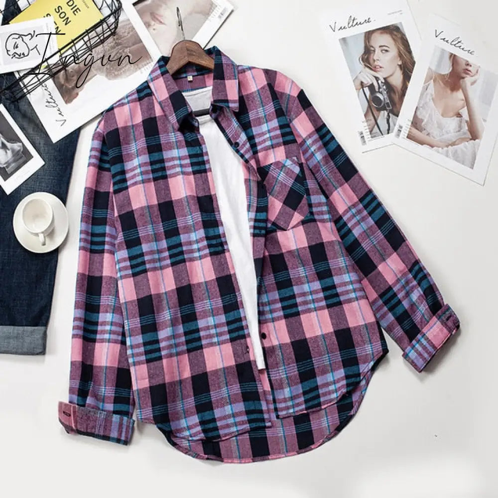 Ingvn - Plaid Shirts Womens Blouses Long Sleeve Lady Checked Tops Loose Female Outwear Casual