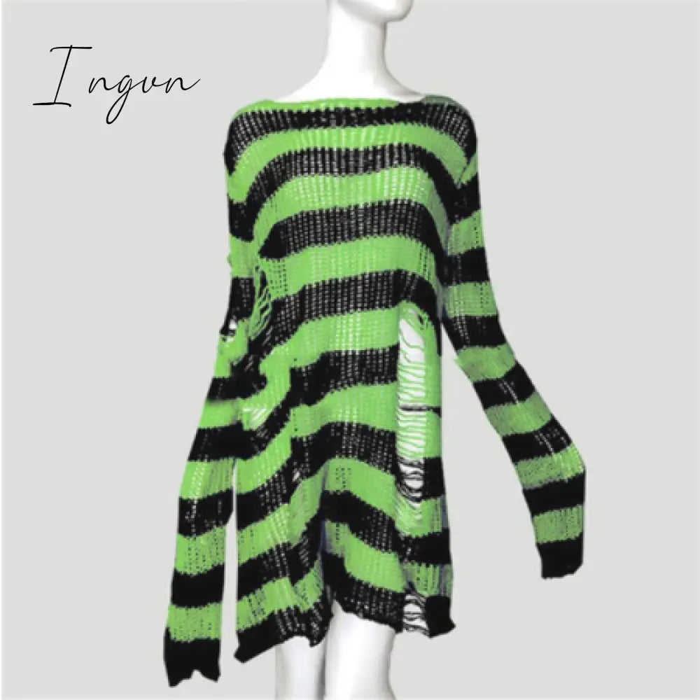 Ingvn - Plus Size Punk Gothic Long Unisex Sweater Dress Women Man Striped Cool Hollow Out Hole