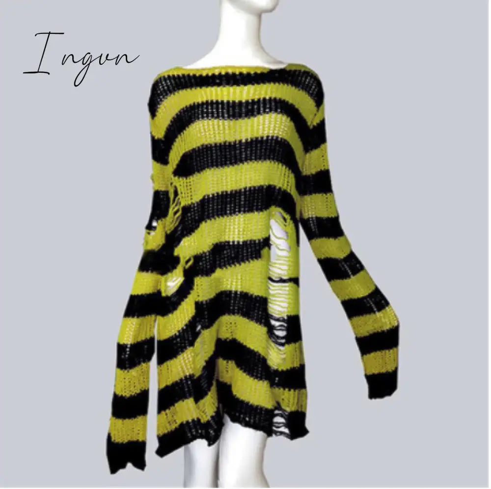 Ingvn - Plus Size Punk Gothic Long Unisex Sweater Dress Women Man Striped Cool Hollow Out Hole