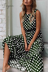 Ingvn - Polka Dot Round Neck Dress（5 Colors） S / Green Dress