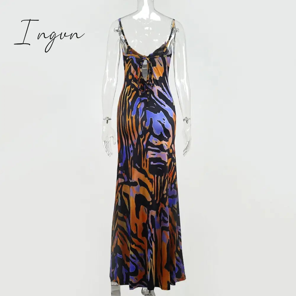 Ingvn - Print Maxi Dress Women Sexy Low Cut Cowl Neck Back Lace Up Dresses Seaside Party Club Wear