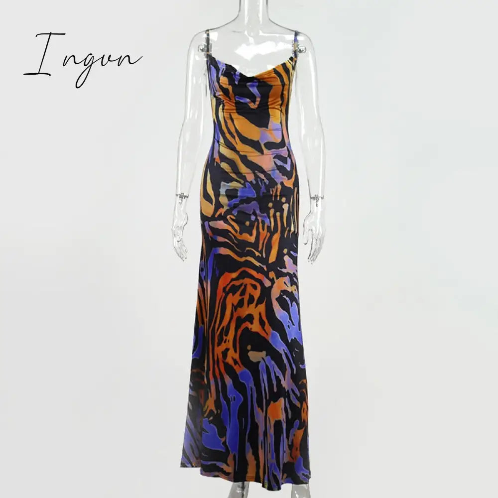 Ingvn - Print Maxi Dress Women Sexy Low Cut Cowl Neck Back Lace Up Dresses Seaside Party Club Wear