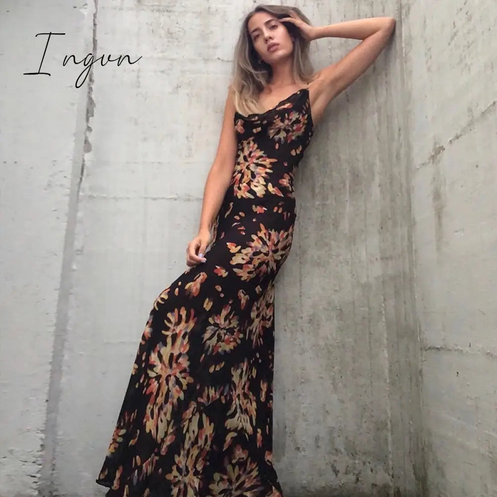 Ingvn - Print Maxi Dress Women Sexy Low Cut Cowl Neck Back Lace Up Dresses Seaside Party Club Wear