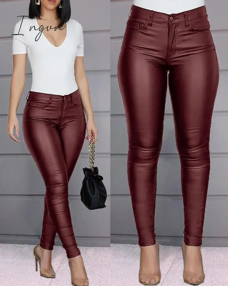 Ingvn - Pu Leather Pants Women High Waist Button Zipper Slim Push Up Woman Pencil Casual Pockets