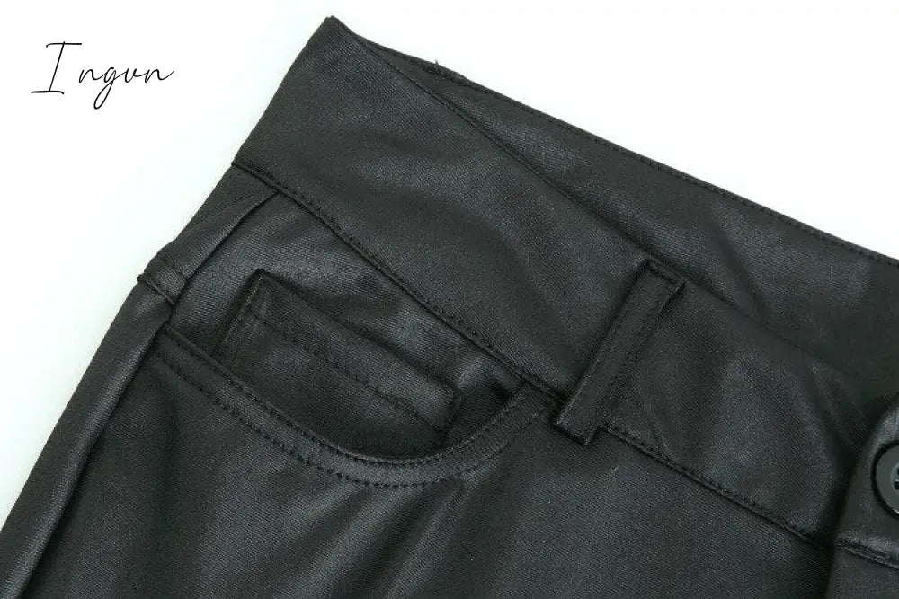 Ingvn - Pu Leather Pants Women High Waist Button Zipper Slim Push Up Woman Pencil Casual Pockets