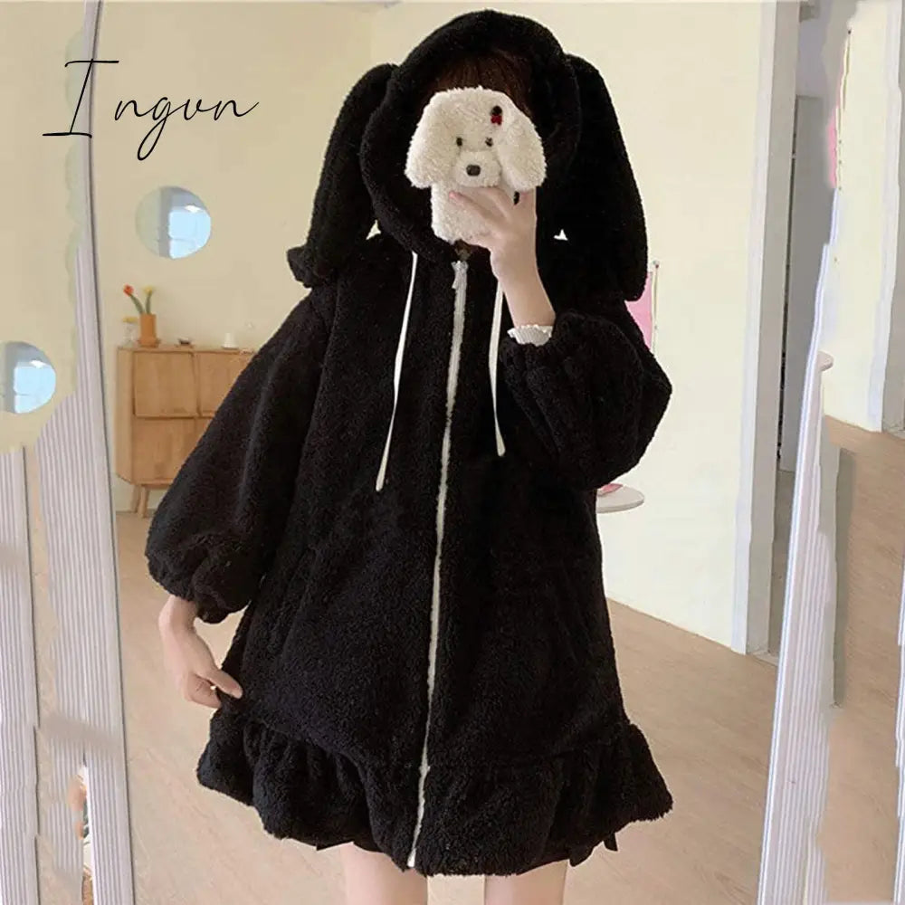 Ingvn - Rabbit Ears Hoodies Women Zip - Up Sweatshirts Coat Long Lantern Sleeve Hooded Lolita Cute