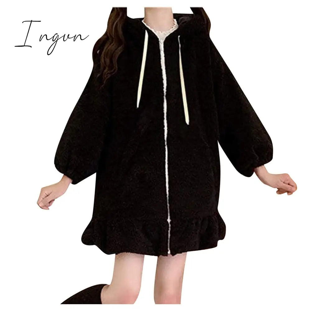 Ingvn - Rabbit Ears Hoodies Women Zip - Up Sweatshirts Coat Long Lantern Sleeve Hooded Lolita Cute
