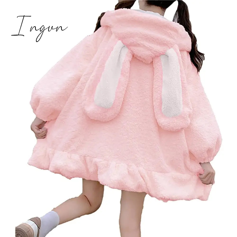 Ingvn - Rabbit Ears Hoodies Women Zip - Up Sweatshirts Coat Long Lantern Sleeve Hooded Lolita Cute
