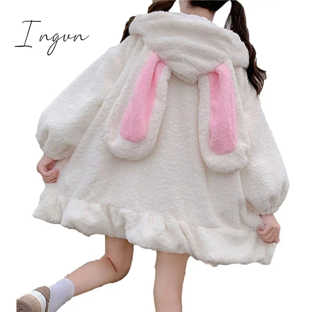 Ingvn - Rabbit Ears Hoodies Women Zip - Up Sweatshirts Coat Long Lantern Sleeve Hooded Lolita Cute