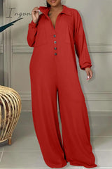 Ingvn - Red Casual Solid Patchwork Pocket Buckle Turndown Collar Plus Size Jumpsuits / L Plus Size