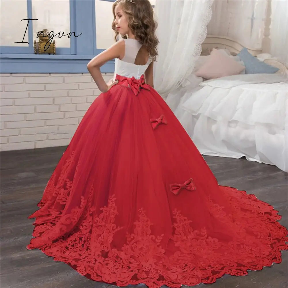 Ingvn - Red Girl Lace Embroidery Christmas Birthday Party Dress Flower Wedding Gown Formal Kids