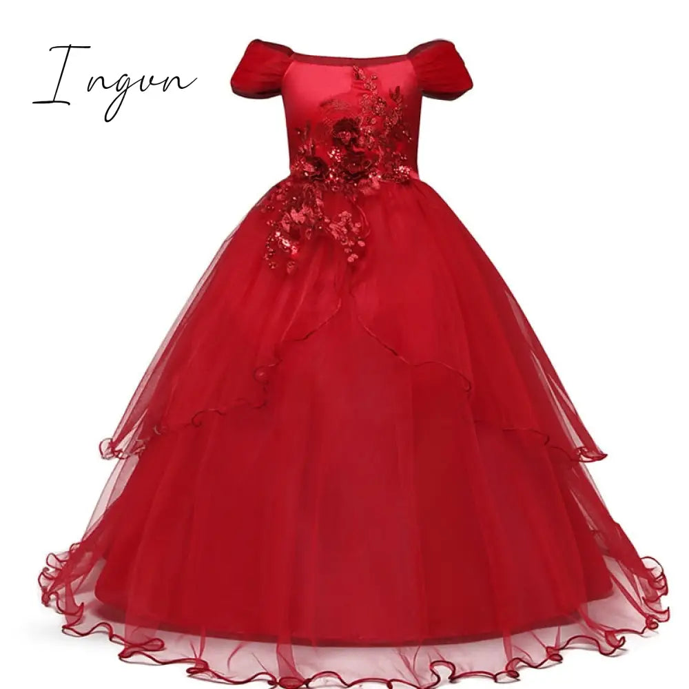 Ingvn - Red Girl Lace Embroidery Christmas Birthday Party Dress Flower Wedding Gown Formal Kids