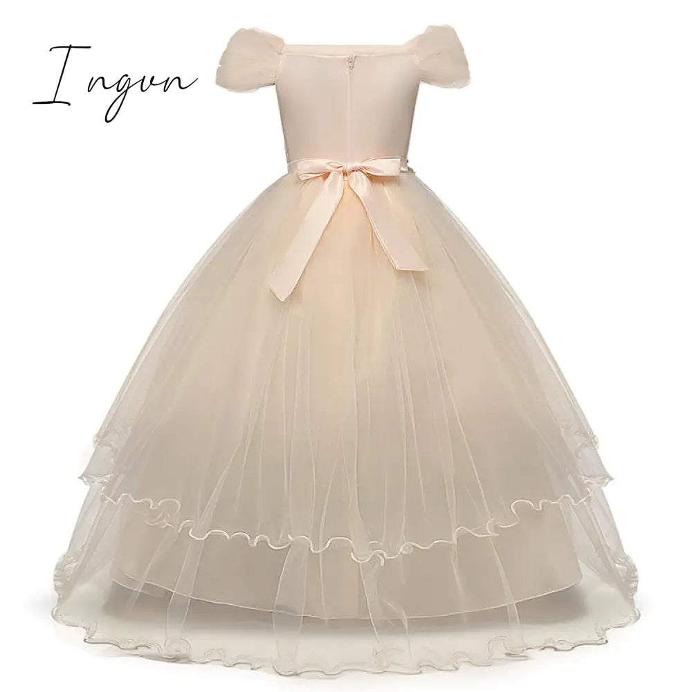 Ingvn - Red Girl Lace Embroidery Christmas Birthday Party Dress Flower Wedding Gown Formal Kids