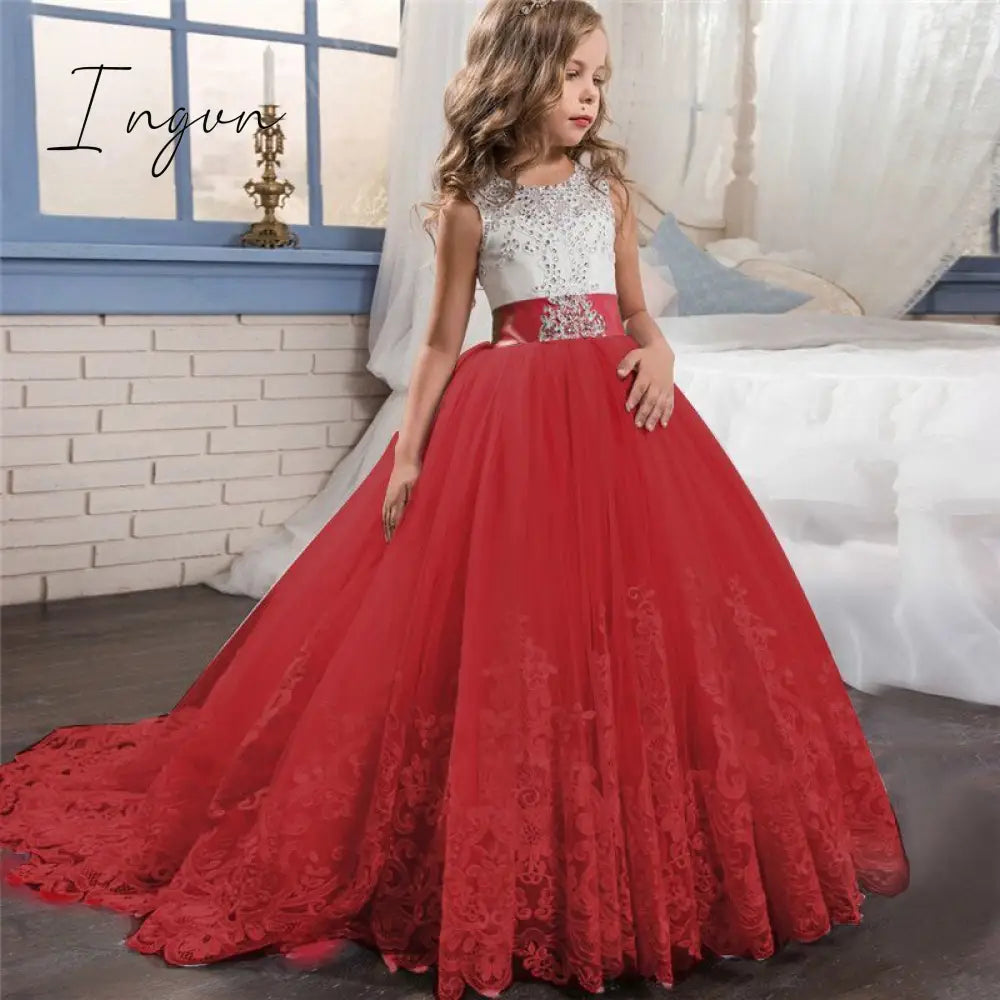 Ingvn - Red Girl Lace Embroidery Christmas Birthday Party Dress Flower Wedding Gown Formal Kids